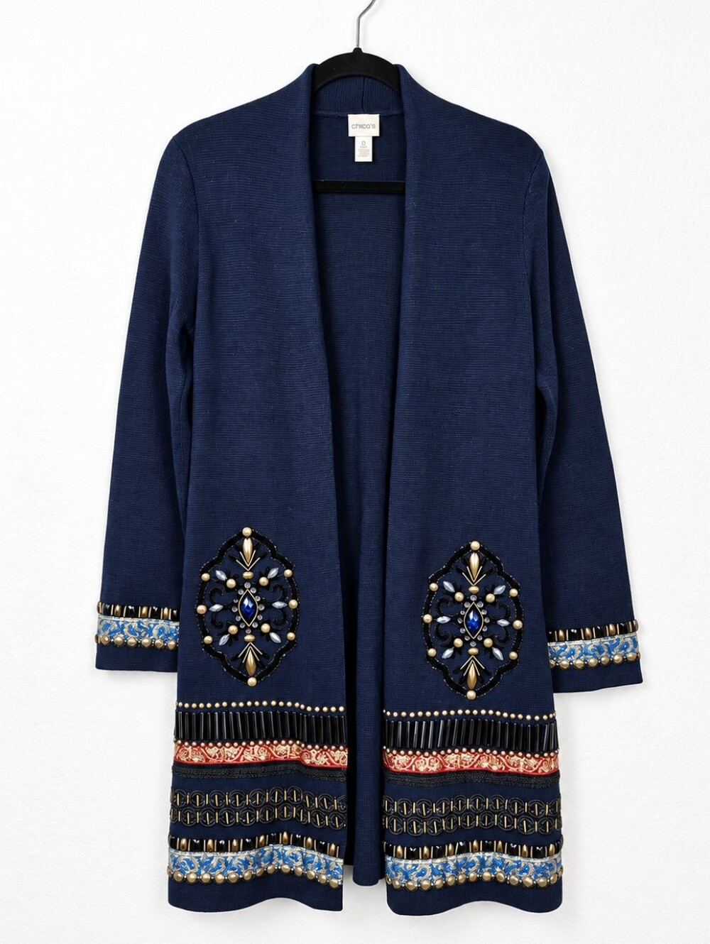 Chico's Elektra Navy Jeweled Beaded Art to Wear Boho Duster Cardigan Sz 0 Small